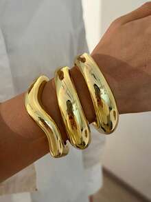 3pcs/1set Vintage Elegant Fashion Exaggerated Wide Face CCB Bohemian Punk Geometric Asymmetrical Braided Wavy Smooth Open Bangle Bracelet Set, Minimalist Personalized Versatile Hip-Hop Luxury High-End Y2K Thick Bracelet Suitable For Women Men Couples Summer Beach Party Date Gift All Seasons Daily Wear Accessory - Yellow Gold - View 3