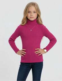 Girls' Long-Sleeved High Neck Ribbed Blouse, Comfortable, Sizes 1 To 8 Years - Màu Hồng Tươi - Xem 1