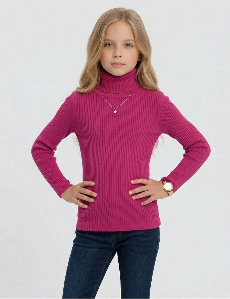 Girls' Long-Sleeved High Neck Ribbed Blouse, Comfortable, Sizes 1 To 8 Years - Màu Hồng Tươi - Xem 1