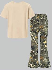 2 pezzi/set Maglietta a maniche corte e pantaloncini larghi casual per ragazze, adatti per scuola/sport/attività all'aperto, moda casual quotidiana, nuova vestibilità casual per primavera/estate - Albicocca - Visualizzare 3
