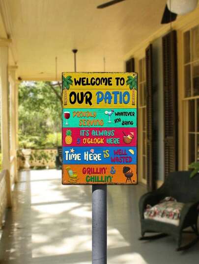 1个复古金属锡制“欢迎来到我们的露台”标牌，适用于烧烤派对、乔迁礼物、家居装饰、房间装饰、乡村风格户外墙面装饰，可用于露台、庭院、花园等场所。