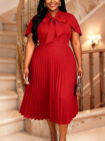 Plus Size Women Red Elegant Pleated A LIne Dresses Cape Sleeves Tie Neck Wedding Guest Formal Summer Party Dress