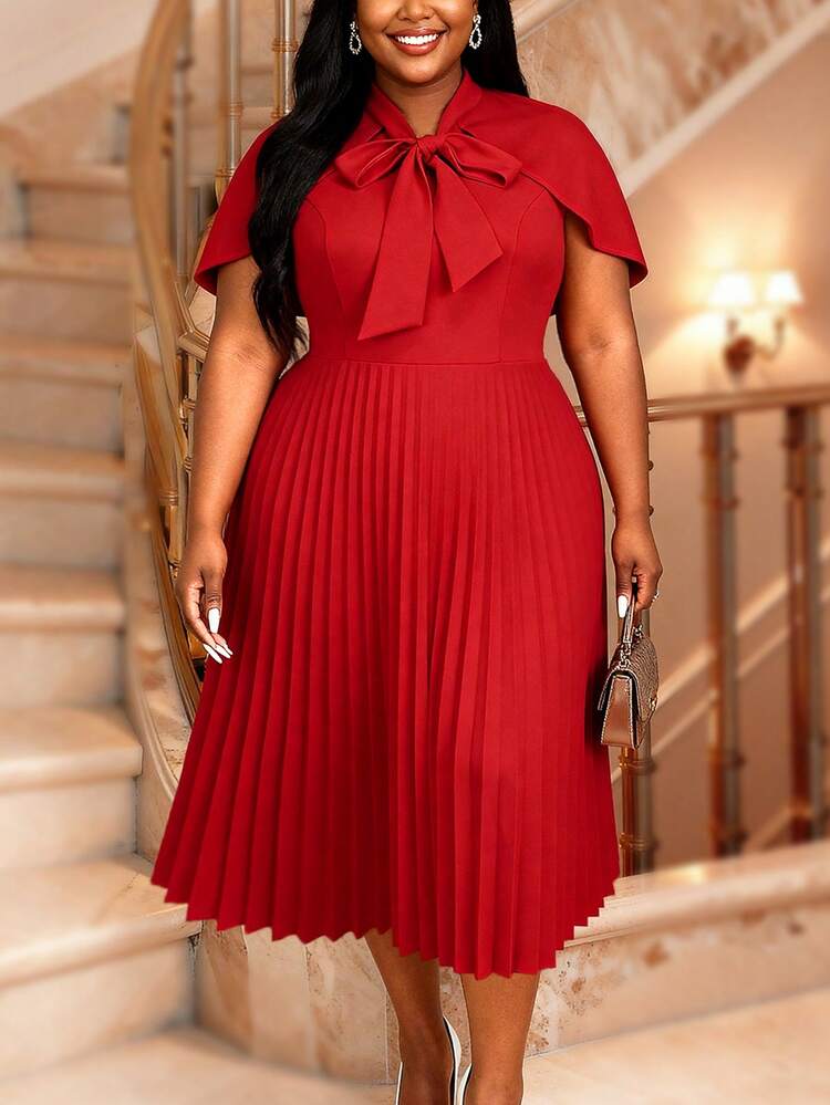 red pleated dress with sleeves Red Pleated Long Sleeve Wrap Waist Mini Dress with Ruffle Hem Red / 6