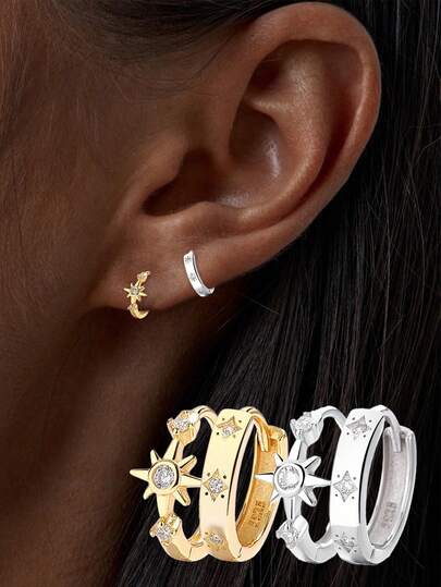 1 Đôi bông tai hình ngôi sao bát giác bất đối xứng bằng bạc Sterling S925, bông tai hình ngôi sao hình học ngọt ngào đính đá Cubic Zirconia lấp lánh dành cho nữ, trang sức tối giản tinh tế.