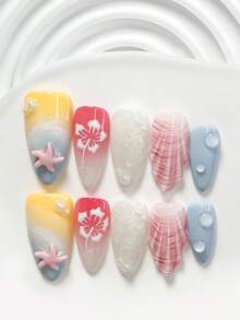 10片夏季海洋風手工穿戴甲，Polygel美甲套組，海星、貝殼與花瓣裝飾，藍白配色，獨特風格，含美甲工具，3種尺寸可選：方型、短方型、杏仁型，適合派對、舞會、日常配戴 - 彩色 - 查看 18