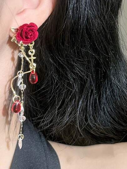 زوجان من أقراط الوردة الحمراء العتيقة، أقراط قلادة الشراريب الحمراء الطويلة، تصميم فريد من الأقراط مناسب للنساء لارتدائها في الولائم والحفلات، رائع للمواعيد، وأيضًا هدية ممتازة للصديقات