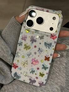 可爱卡通彩色蝴蝶、星星、花朵图案手机壳，适用于 17 Pro Max、17 Pro、16 Pro Max、16、15 Pro Max、14 Plus、13 Pro Max、12 Pro Max、11，可爱动物和花卉设计，闪亮箔面质感保护套 - 蝴蝶 - 查看 2