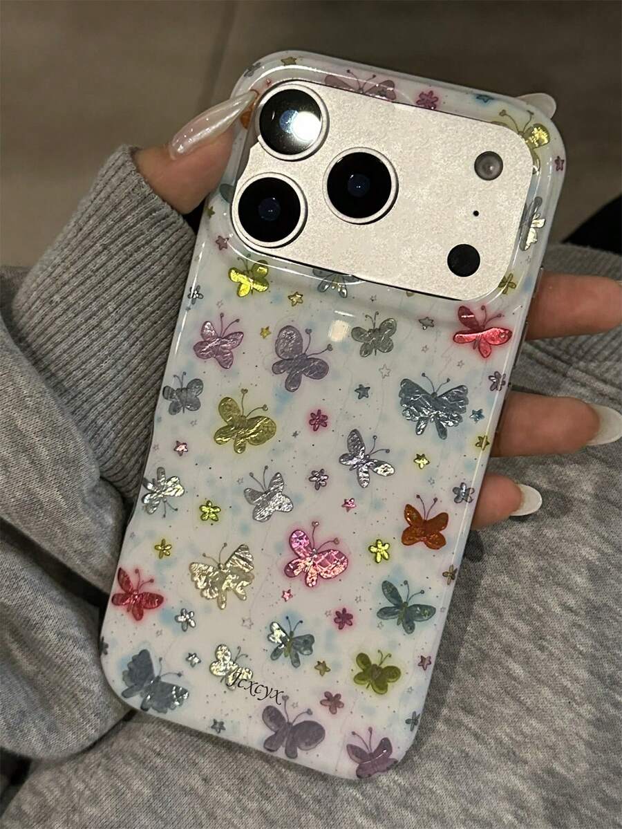 可爱卡通彩色蝴蝶、星星、花朵图案手机壳，适用于 17 Pro Max、17 Pro、16 Pro Max、16、15 Pro Max、14 Plus、13 Pro Max、12 Pro Max、11，可爱动物和花卉设计，闪亮箔面质感保护套