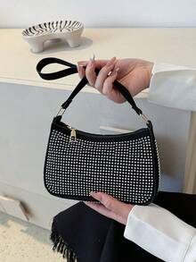 Fashionable Rhinestone Studded Shiny Women's Underarm Bag, New Minimalist Elegant One Shoulder Handbag - Silver - View 10