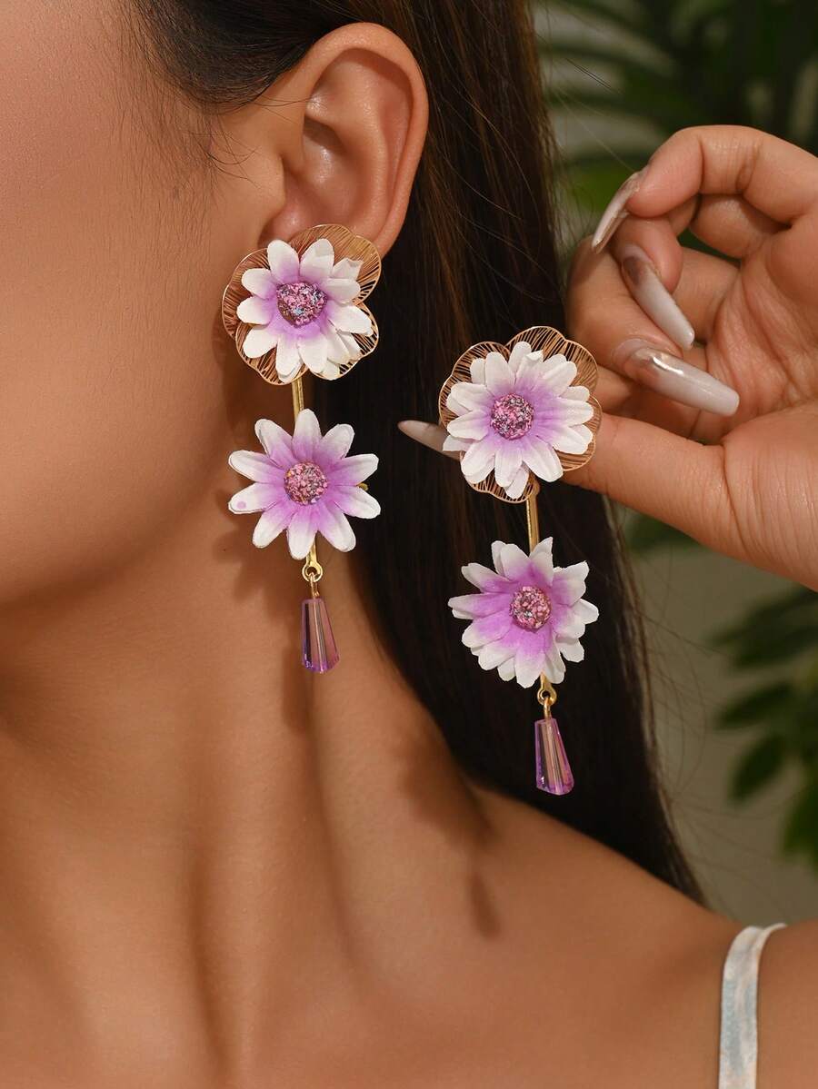 1 pereche de cercei cu pandantiv din material floral inspirat din natură, cercei delicați cu ciucuri cu flori goale, potriviți pentru femei, pentru ocazii zilnice, de vacanță și formale - Violet - Vizualizare 1