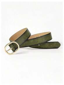 Oval Buckle Belt For Women - Casual Leather Belt For Everyday Wear| Versatile Waist Belt For Jeans, Pants, Dresses, Perfect For All Seasons - 橄欖綠 - 查看 5