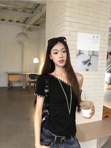 Áo dệt kim hai mặt mùa xuân mới dành cho nữ, màu đen, vai lệch, kiểu dáng thời trang, thích hợp mặc hàng ngày. - màu đen - Xem 2