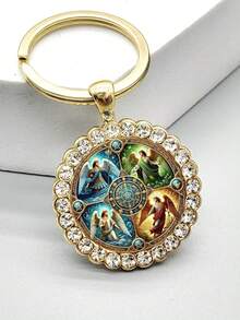 1pc 4-Piece Angel Round Keychain - Gabriel, Michael, Raphael, Uriel | Fashionable Bag And Car Key Decor, Gift For Valentine's Day, Thanksgiving, Christmas, Anniversary, And Angel Enthusiasts - Gold - View 4