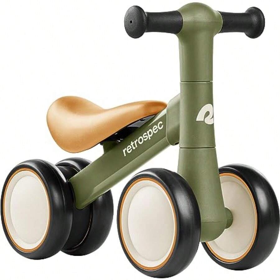 Retrospec Cricket 2 Baby Walker Balance Bike with 4 Wheels - Safe Learning Toy for Ages 12-24 Months - Scratch-Resistant Indoor Outdoor Toddler Riding Toy with Steering Limit and Soft Grips - Verde oliva - Ver 1