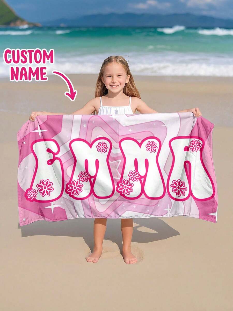 1pc Personalized Kids Beach Towel,Summer Birthday Gift For Kids,Summer Vibes,Girls Beach Trip,Custom Beach Towel,Swimming Pool,Beach Decor - Multicolor - View 1