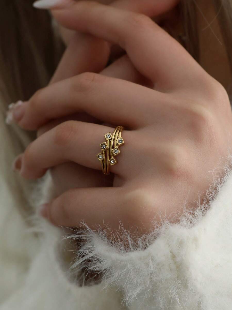 New Minimalist Stainless Steel Double Row Rhinestone Ring, Retro Ins Open Adjustable Ring - Yellow Gold - View 1