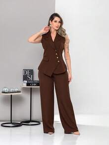 New Tailored Set Consisting Of Vest And Wide-Leg Trousers C6608 - Chocolate Brown - View 1