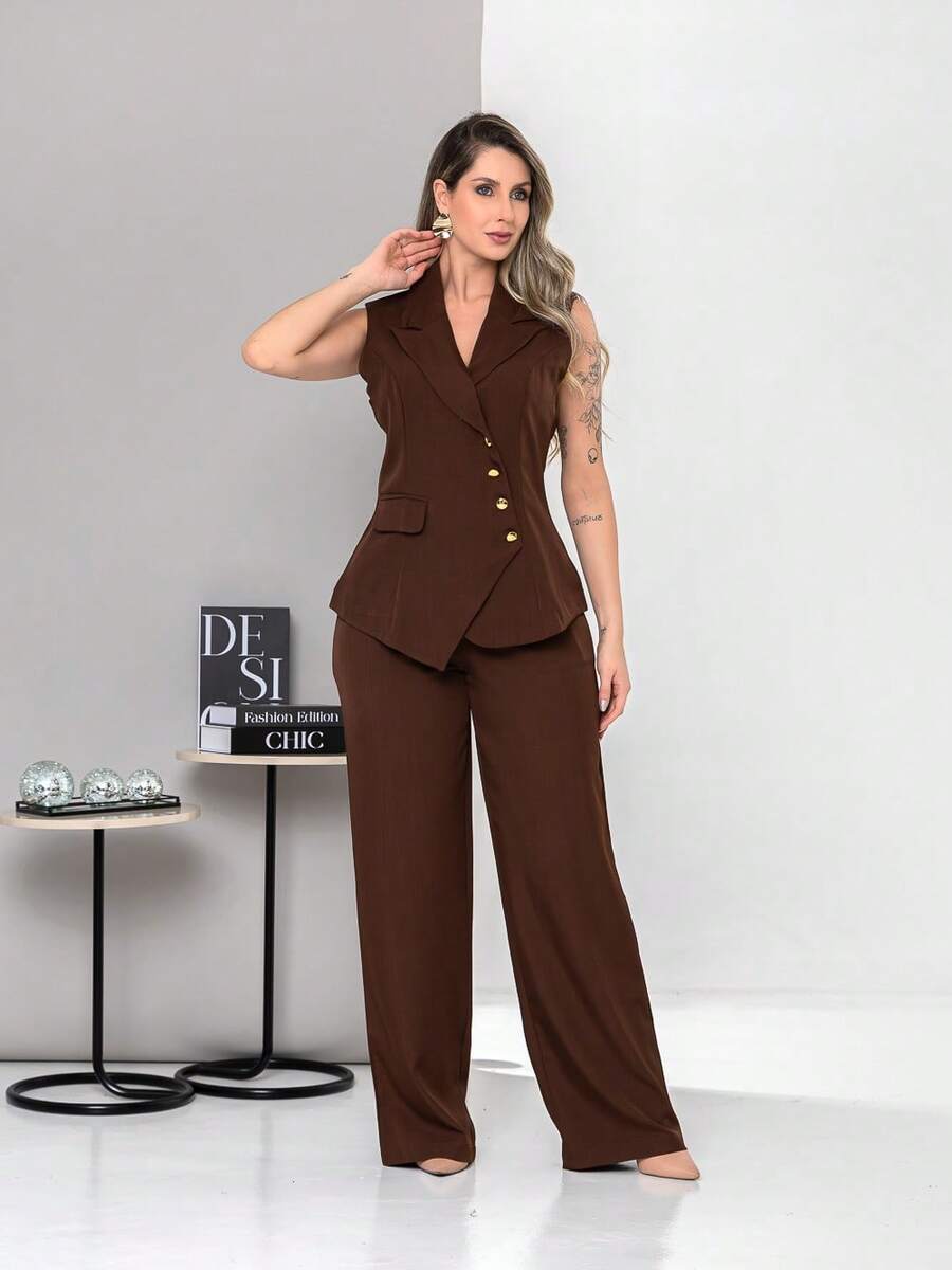 New Tailored Set Consisting Of Vest And Wide-Leg Trousers C6608 - Chocolate Brown - View 1