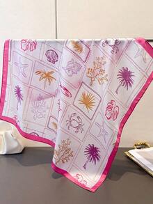 1pc Vintage Ocean Elements Starfish & Shell Lightweight Scarf, Women's Silk-Like Headscarf, Suitable For Beach, Street, Daily, Vacation, Decorative Ribbon - 薑黃 - 查看 3