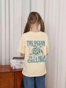 Camiseta de manga corta con cuello redondo con estampado de tortuga y letras, top informal de verano para chica adolescente - Albaricoque - Ver 2