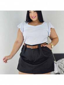 Short Skirt Plus Size Tailored With Belt Various Colors Summer - Black - View 7