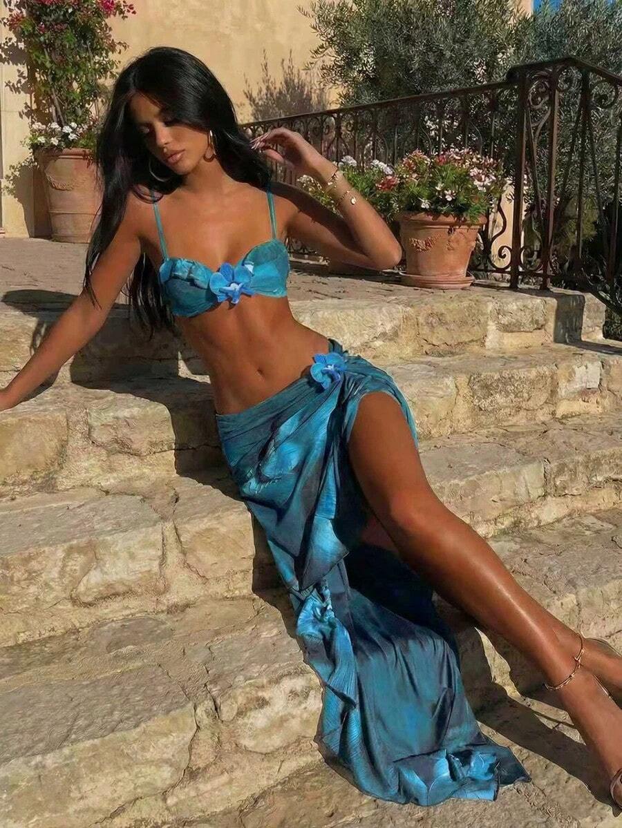 3pcs Women's Floral Print Elegant Sexy Backless 3D Flower Beach Dress Bikini Set, Spring/Summer Vacation - 薄荷藍 - 查看 1