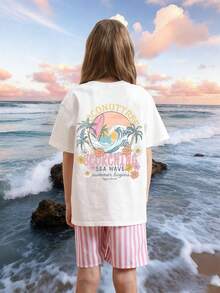 2pcs/Set Tween Girls' Tropical Shell & Wave Print Short Sleeve T-Shirt, Young Student Summer Outfit, Suitable For Girls, Matching Set, Friendship Outfit - Multicolor - View 2