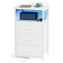 Tomnk Bedside Table With Charging Station, LED Nightstand With USB Ports And Outlets, 3 Fabric Storage Drawers With PU Finish, Bed Side Table For Bedroom, Living Room, White/Black - US B Type Plug(110-127V) - View 13