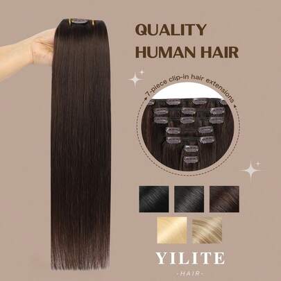 YILITE 7 piezas #2 Extensiones de cabello castaño oscuro con clip Cabello humano real Extensiones de cabello humano Remy Doble trama Rectas con clips para mujeres