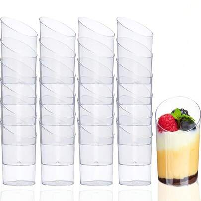 Bộ 50/40/30/20/10/5 chiếc cốc mousse nghiêng trong suốt, cốc tráng miệng, cốc kem, cốc pudding trong suốt, đồ dùng phục vụ tiệc cưới, tiệc tùng, hộp đựng thực phẩm, cốc khai vị mini, thích hợp cho tiệc tùng, đám cưới, phục vụ ăn uống, đựng kem, pudding và thực phẩm, đồ dùng nhà bếp.