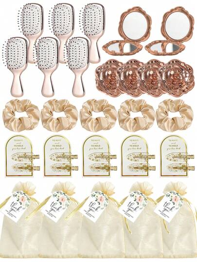 طقم هدايا صغير للحفلات العرسية، يشمل فرشاة وسادة شعر صغيرة باللونين الوردي والأصفر، أربطة شعر، مشابك شعر خالية من الغرز، بطاقات شكر وحقيبة هدايا، مناسب لحفلات عروس العصابة، استحمام العروس واحتفالات المناسبات، هدية رائعة للعائلة والأصدقاء والصديقات، عيد الحب، عيد الأم