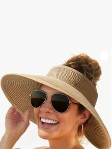 1pc Women's Wide Brim Sun Hat - Ponytail Beach Hat - Suitable For Summer UV Protection - Foldable - Essential For Beach Vacation - A - View 8