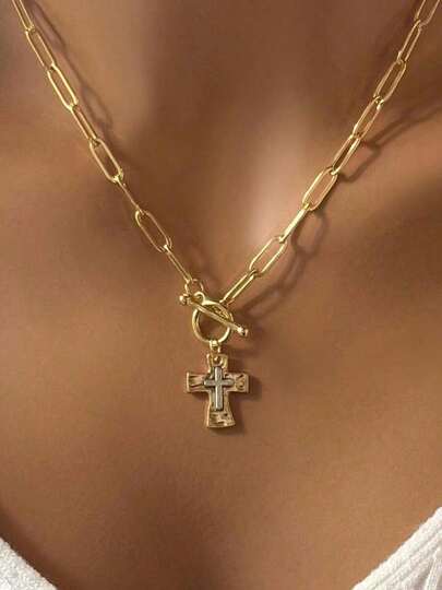 1pc Gold Cross Pendant Necklace For Women Hammered Mixed Metal Cross Necklace Chunky Cross Necklace Toggle Clasp Paperclip Chain Dainty Charm Necklace For Women Fashion Religious Simple Jewelry Gift