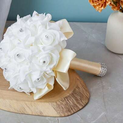 1pc White Bridal Bouquet With Lace Ribbon & Rhinestone Decor, Elegant PE Foam & Artificial Rose Flower Wedding Bouquet, Bridal Hand Holding Flowers For Wedding Photography & Party Decoration Valentine's Day ValentinesArtificial Wedding Bride Bouquet Handheld Bridesmaid Flower With Ribbon