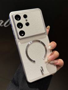 适用于三星 Galaxy S26 Ultra S26 Plus S25 Ultra S24 Ultra S25 S24 Plus 的奢华复古荔枝纹理磁吸无线充电手机壳，大摄像头窗口，PU 皮革防摔软后盖 - 白色 - 查看 3