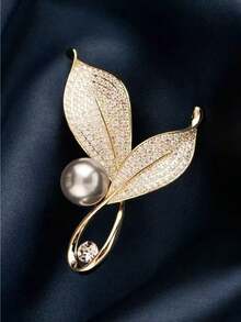 优雅水晶叶形珍珠胸针，金色水钻叶形别针，精致珍珠胸针，可搭配连衣裙、围巾、西装 - A - 查看 8