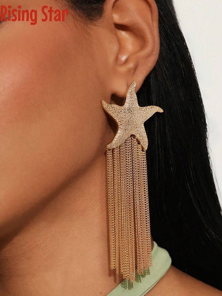 1 Pair Of Retro Bohemian Style Metal Star-Shaped Tassel Long Earrings, Starfish Earrings, Jewelry Matching, Suitable For Wearing During Vacation And Travel.