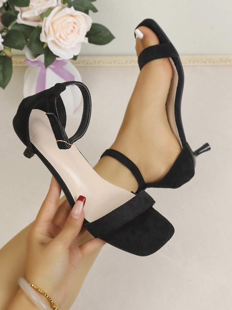 Summer French Style Mini Heeled Sandals, Square Toe Strap Design, Versatile Commuting & Dating Women Shoes - Black Back - View 1