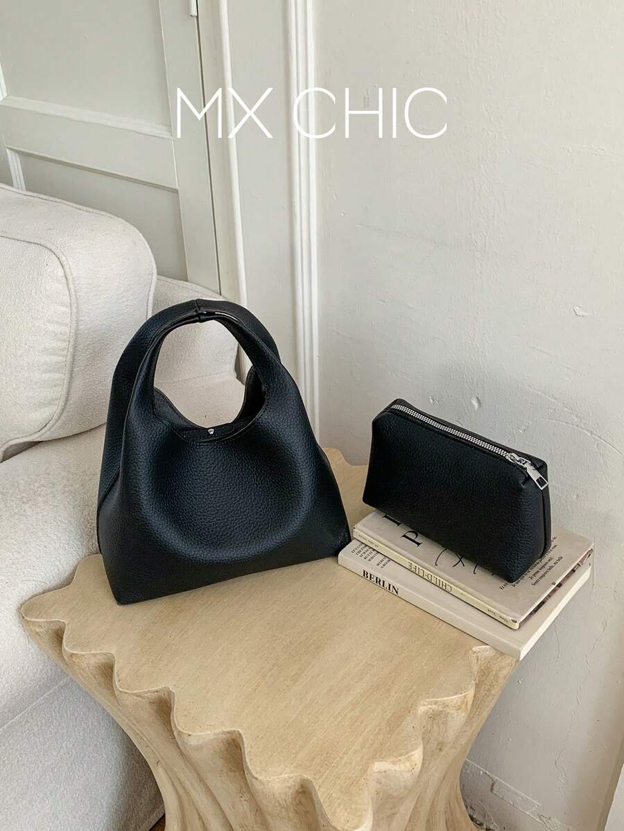 Minimalist Fashion PU Leather Shoulder Bag/Crossbody Bag/Handbag With Pockets - Black - View 1