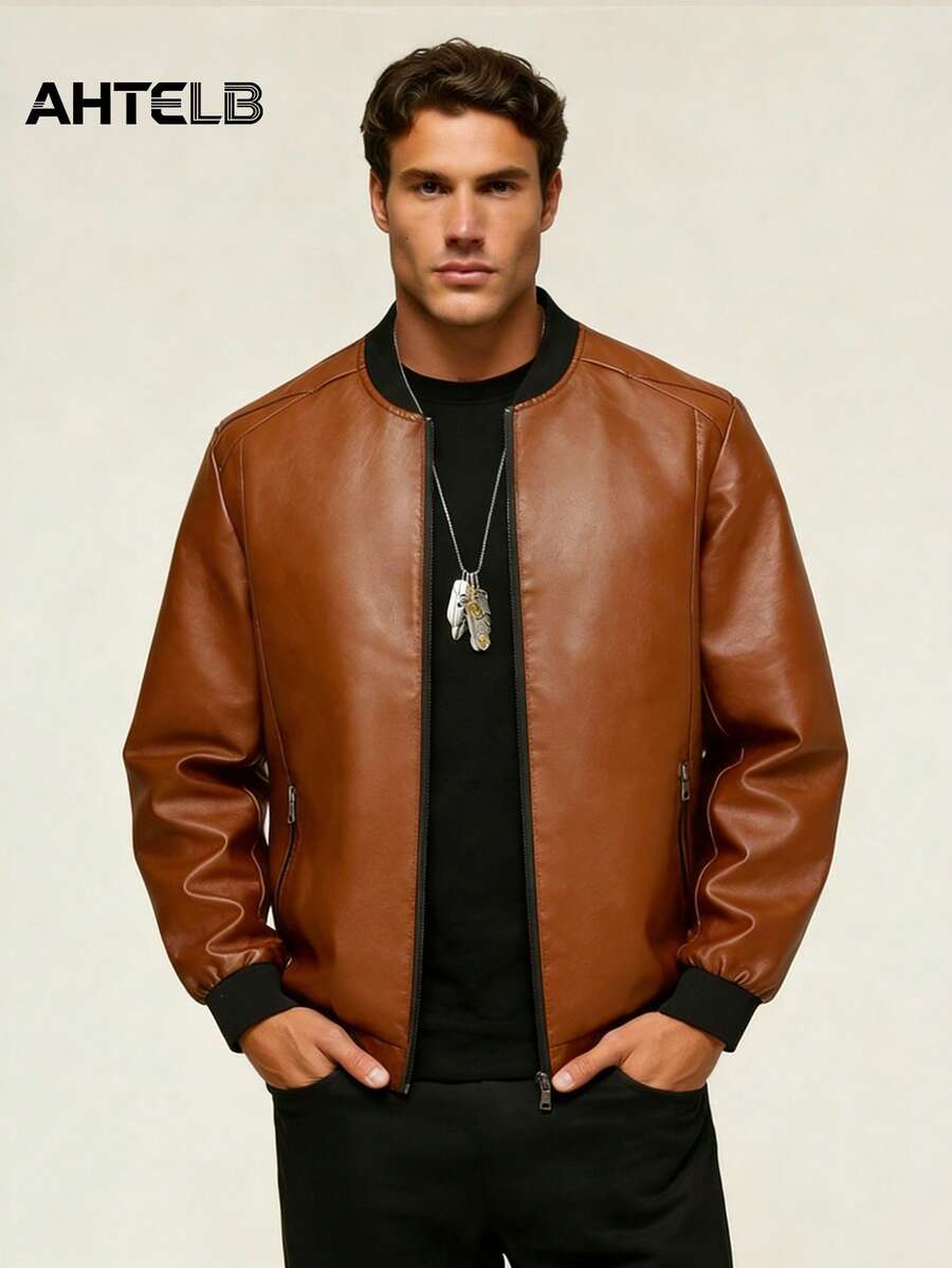 Chaqueta de cuero PU para hombre AHTELB, chaqueta de motocicleta con cuello de béisbol, chaqueta de montar, chaqueta de cuero de estilo británico de moda, estilo de carreras deportivas - Caqui - Ver 1