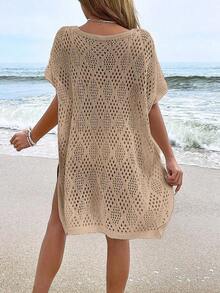 CURVEFIX Women's Fashionable Casual Hollow Out Cover-Up (Bikini Not Included) For Vacation And Beach - Màu Khaki - Xem 2