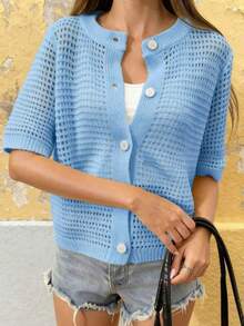 Áo khoác cardigan dệt kim tay ngắn cổ tròn mới mùa hè của FOR BEAUTY, áo nữ dáng rộng khoét lỗ mỏng cài nút màu xanh dương, kiểu dáng thường ngày đa năng, phù hợp cho đi mua sắm, dạo phố, đi chơi, lễ tốt nghiệp, tiệc tùng mùa xuân. - Màu xanh nhạt - Xem 3