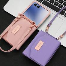 VIETAO 适用于 Galaxy Z Flip 3/4/5/6/7 的仿皮手机壳，带卡槽、挂绳、钱包功能，时尚保护套，配有腕带，适用于 Flip3/Flip4/Flip5/Flip6 - 粉色 - 查看 10