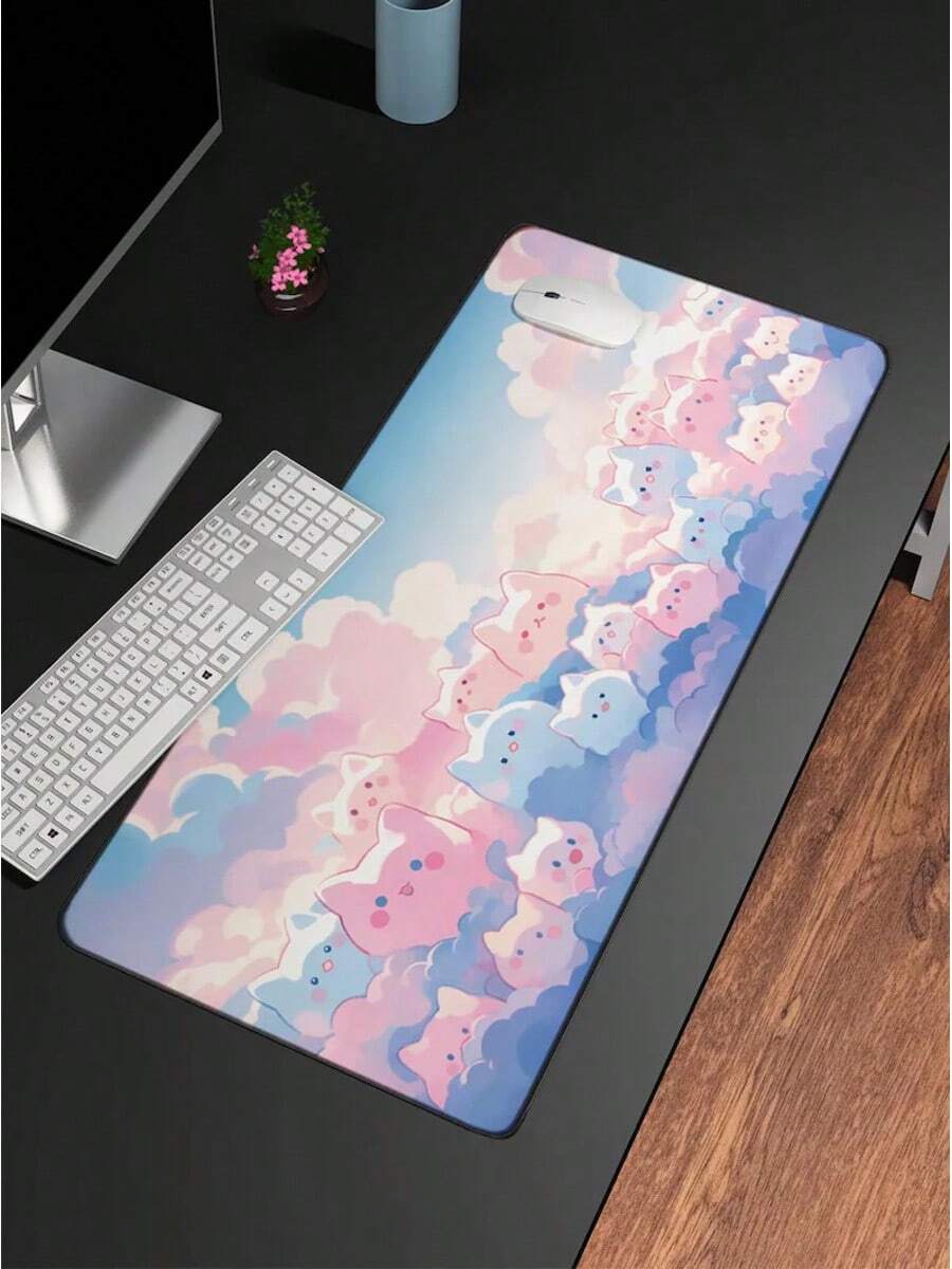 Desk Mat, Kawaii Anime Cats Pink Blue Clouds, Mouse Pad, Office Desk Accessory, Cute Desk Decor, Desk Organizer, Gaming Desk Mat - 長方形 - 查看 1