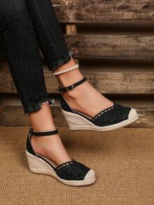 Breathable Slip-On Wedge Sandals With Fashionable Rope Accent, Comfortable And Lightweight - Black - View 2