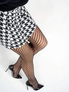 1双女士连裤袜，性感通勤百搭紧身裤，黑色几何条纹渔网袜 - 彩色 - 查看 4