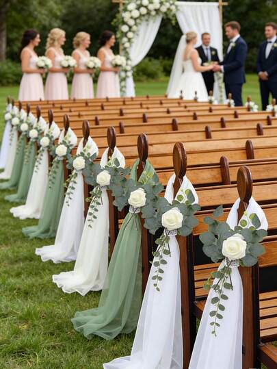 12/8/4件套白色/绿色大型婚礼走道装饰，白色花朵搭配闪亮水钻扣，佐以绿色叶子和长长的薄纱尾饰，适用于婚礼椅面装饰、优雅婚礼派对用品、DIY婚礼仪式装饰、教堂长椅装饰、婚礼装饰、新娘送礼会等场合。