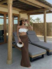 Summer Autumn Y2K New Vacation Hollow Knit Skirt, 2026 New Vacation Hollow Knit Long Skirt, Hollow Texture, Lightweight Design To Lengthen Legs, Beach Surfing Beach Vacation, Sexy Hot Girl Photography, Bohemian Women's Beach , Dinner Date Beach Afternoon Tea Sexy Women's Skirt, Beach For Women - Coffee Brown - View 3