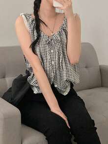 Sleeveless Lace Trim Camisole Top For Women Casual Summer - Black and White - View 6