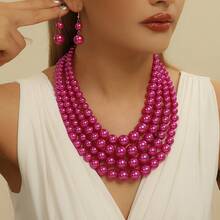 1 Set Handmade Multi-Layer Exaggerated Faux Pearl Beaded Necklace, Bohemian Style Beach Resort Party Middle Eastern Evening Banquet South Asian Fashion Elegant Women Jewelry Necklace & Earrings - Hot Pink - View 1